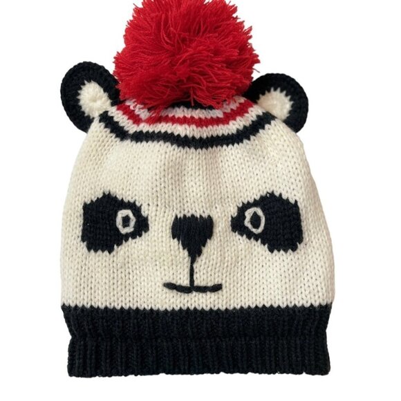 PANDA Winter Hat Toboggan Child's Size 2T—5T White Black Red Pompom Fleece Lined - Picture 9 of 10